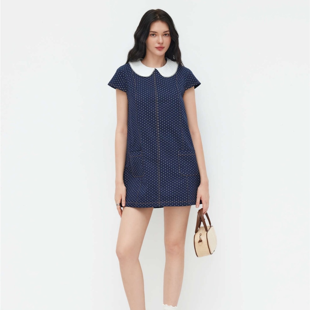 Cider Navy Polka Dot Dress with White Collar
